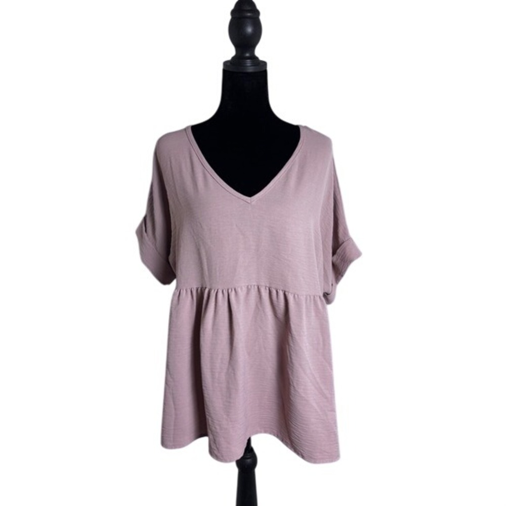 Entro Babydoll Tunic Top Women M Mauve Very Good V-Neck Textured Short Sleeve